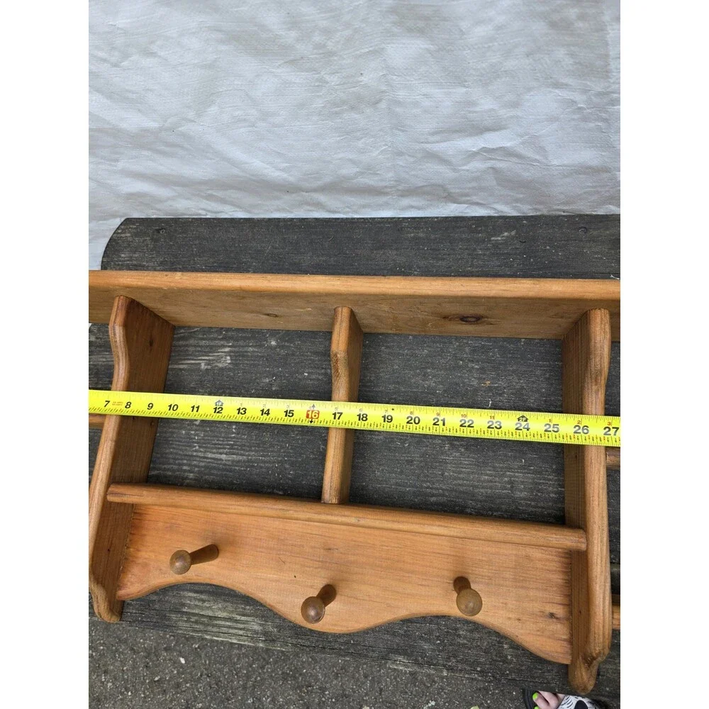Vintage Wooden Wall Shelf Coat Rack Pegs Spice Display Country Farmhouse Rustic